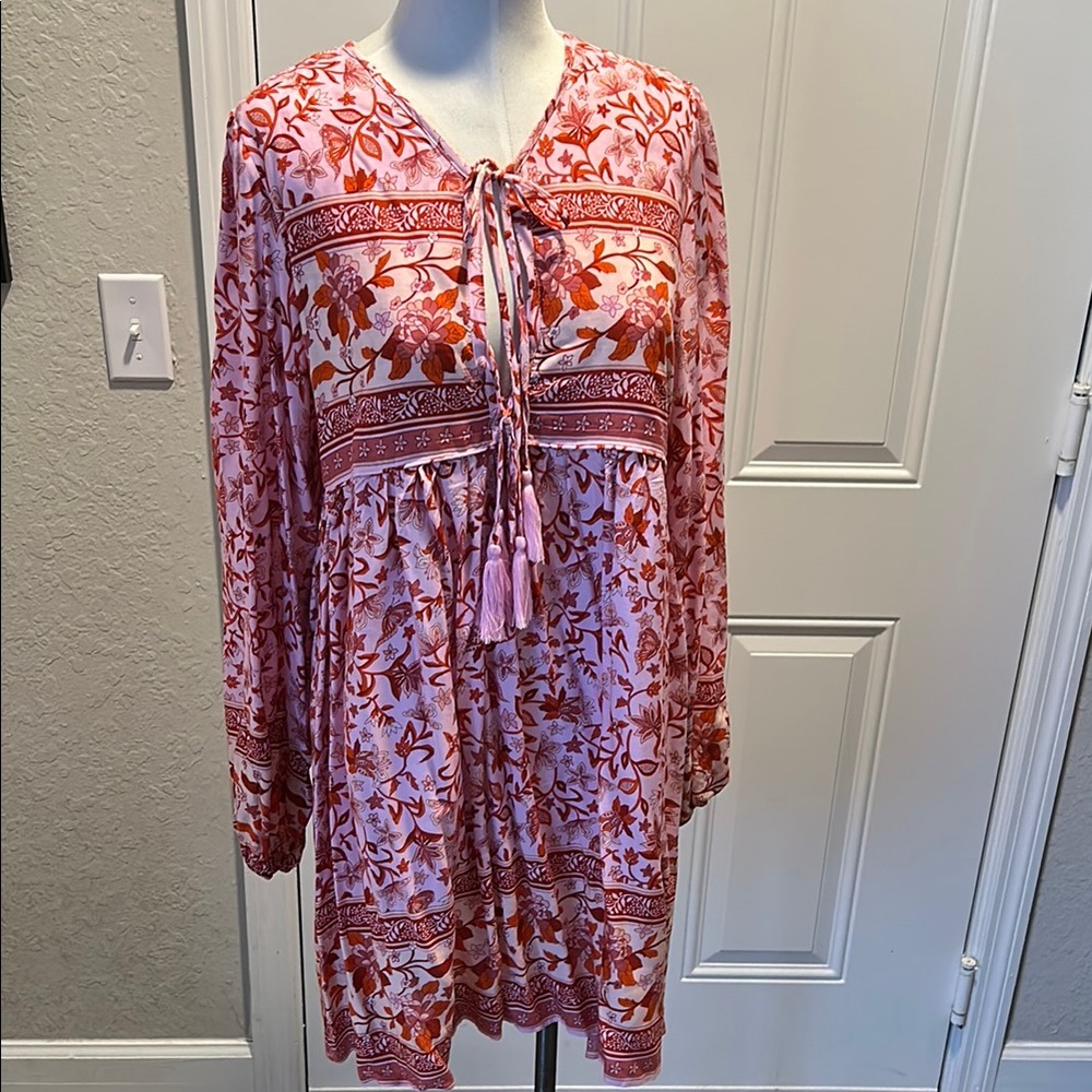 Boho Floral Long Sleeve Dress pink & red dress